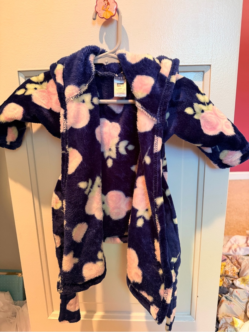 Hudson Baby Navy Blue Plush Hooded Robe with Pink Floral Print